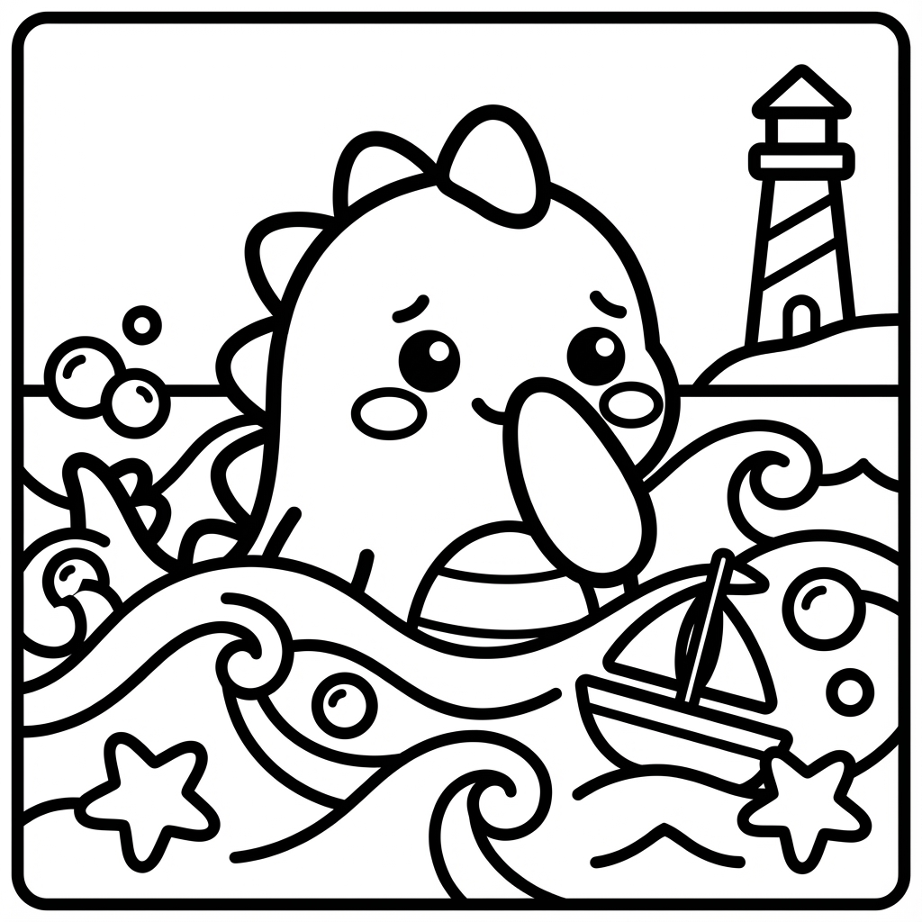 Worried dinosaur swimming in choppy waves near a lighthouse, a perfect large outline coloring pages choice with chunky line art coloring.